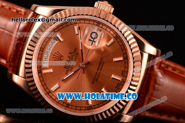 Rolex Day-Date Asia 2813/Swiss ETA 2836/Clone Rolex 3135 Automatic Rose Gold Case with Stick Markers and Rose Gold Dial (BP) - Click Image to Close